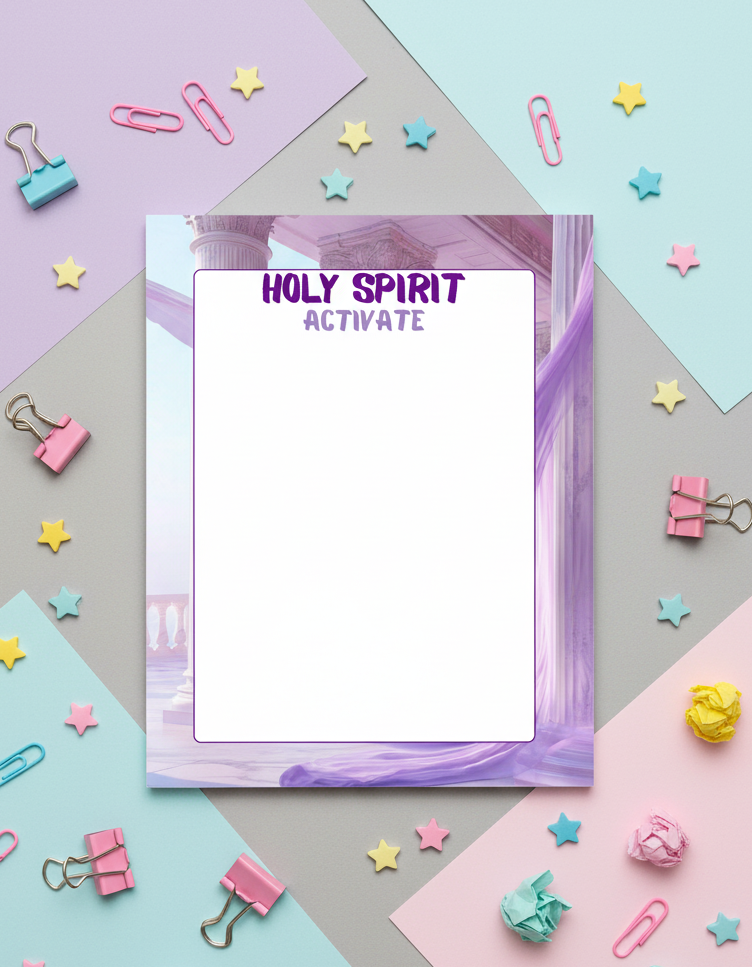 Notebook with 'HOLY SPIRIT ACTIVATE' text on a colorful background with stationery items.