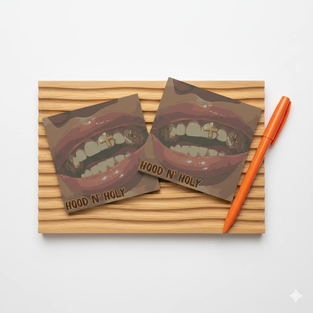 Two 'Hood N' Holy' coasters with a mouth design on a wooden surface with an orange pen.