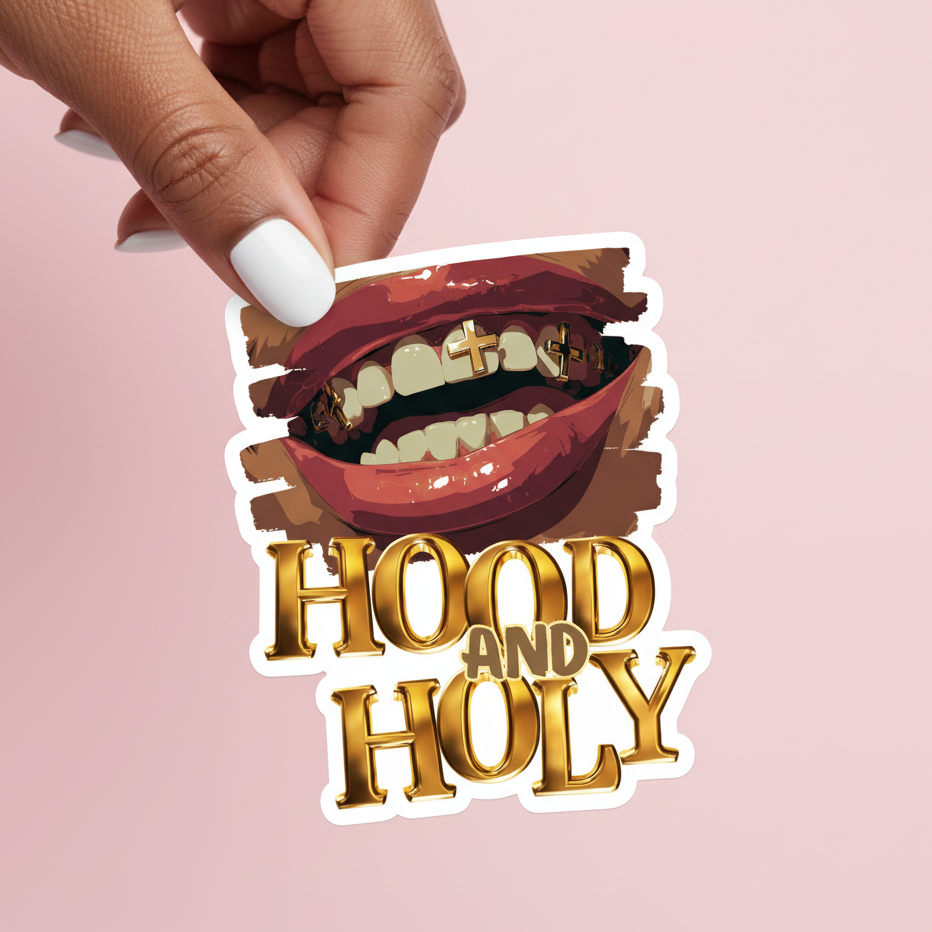 Sticker with a mouth graphic and 'Hood and Holy' text on a pink background