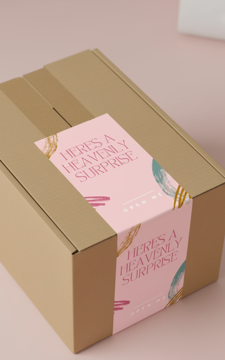 Cardboard box with pink label reading 'Here's a Heavenly Surprise' on a light background