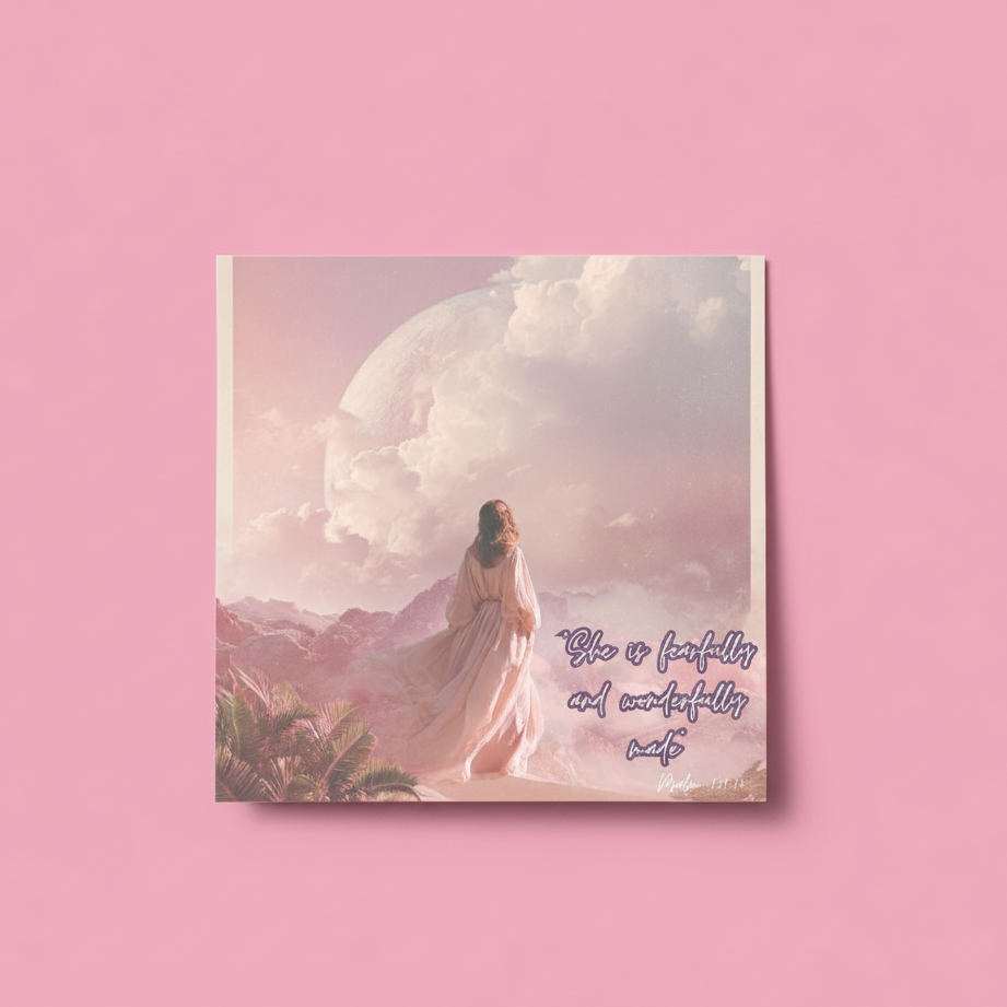 Poster of a woman in a dress standing in front of clouds with text on a pink background