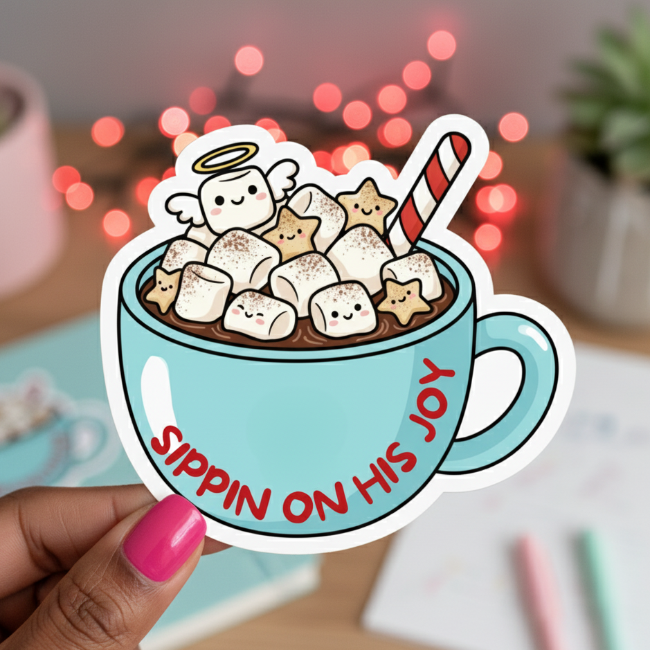 Cartoon sticker of a hot chocolate cup with marshmallows and candy cane, held by a hand with pink nail polish.