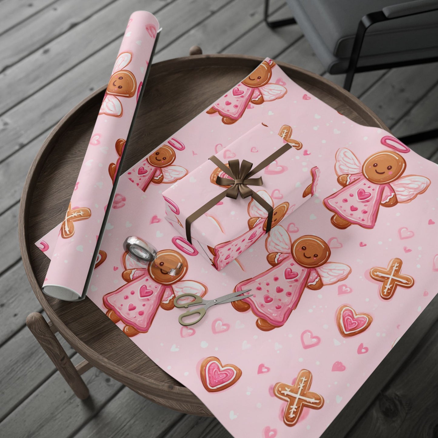 Pink Gingerbread Angels Wrapping Paper