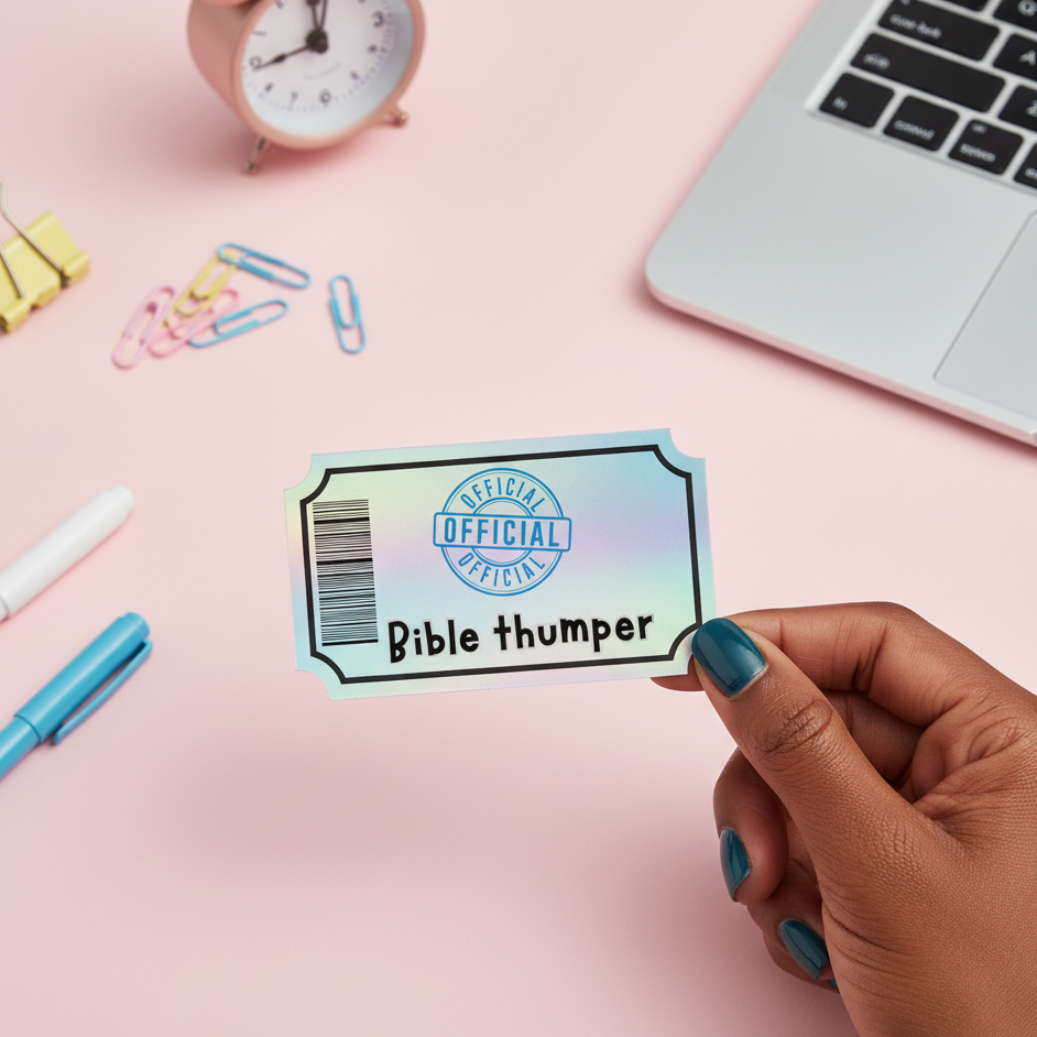 Hand holding a sticker labeled 'Official Bible thumper' on a pink background with stationery items.