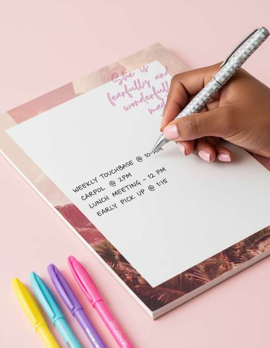 Hand writing on a notepad with colorful pens on a pink background