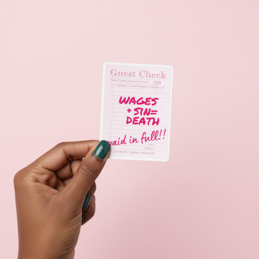 Hand holding a card with text on a pink background