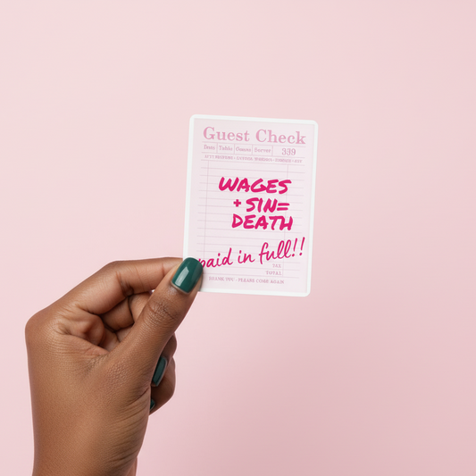 Hand holding a card with text on a pink background