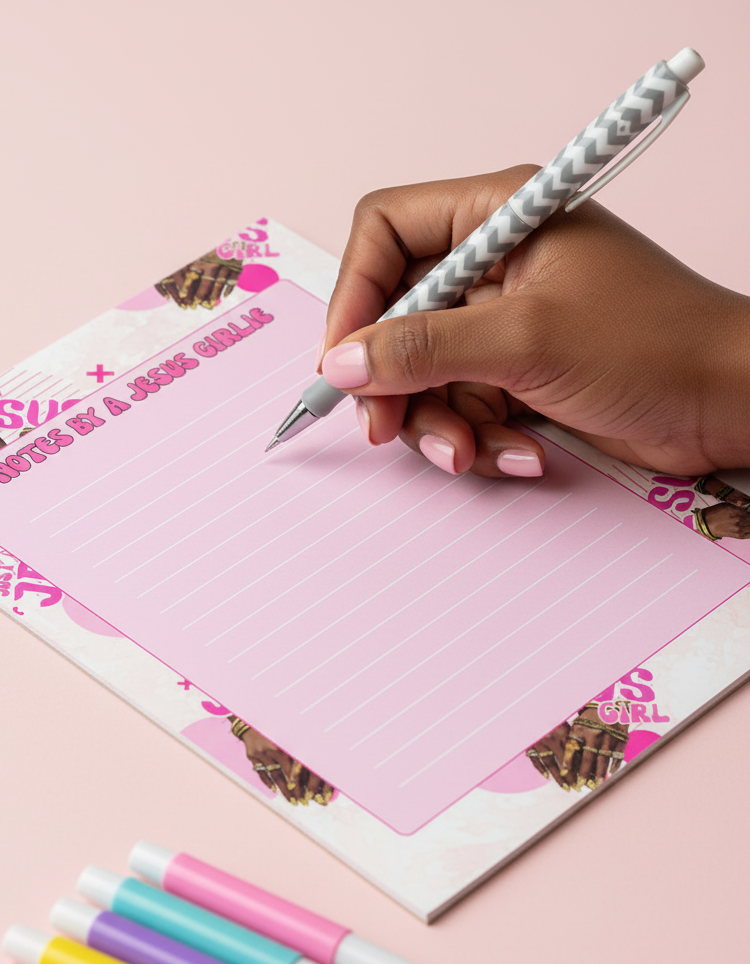 Hand holding a pen over a pink notebook with visible branding on a pink background