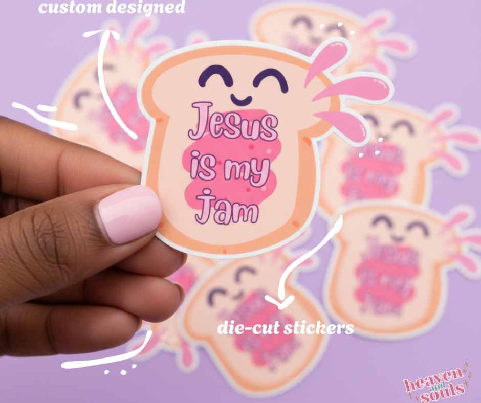 Sticker with 'Jesus is my jam' text held by a hand on a purple background with similar stickers.