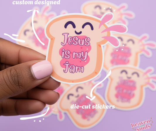 Sticker with 'Jesus is my jam' text held by a hand on a purple background with similar stickers.