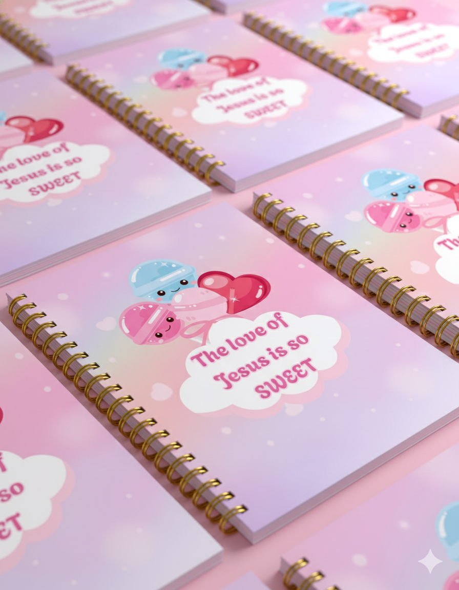 Notebooks with 'The love of Jesus is so sweet' text and cartoon designs on a pink background.