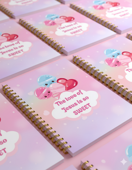 Notebooks with 'The love of Jesus is so sweet' text and cartoon designs on a pink background.