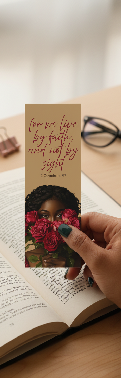 Hand holding a bookmark with a floral design and text on an open book.