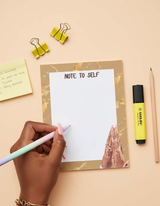 Note to self card with hands on a beige background