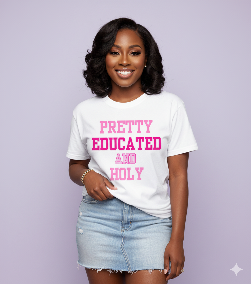 Woman wearing a white t-shirt with pink text on a light purple background