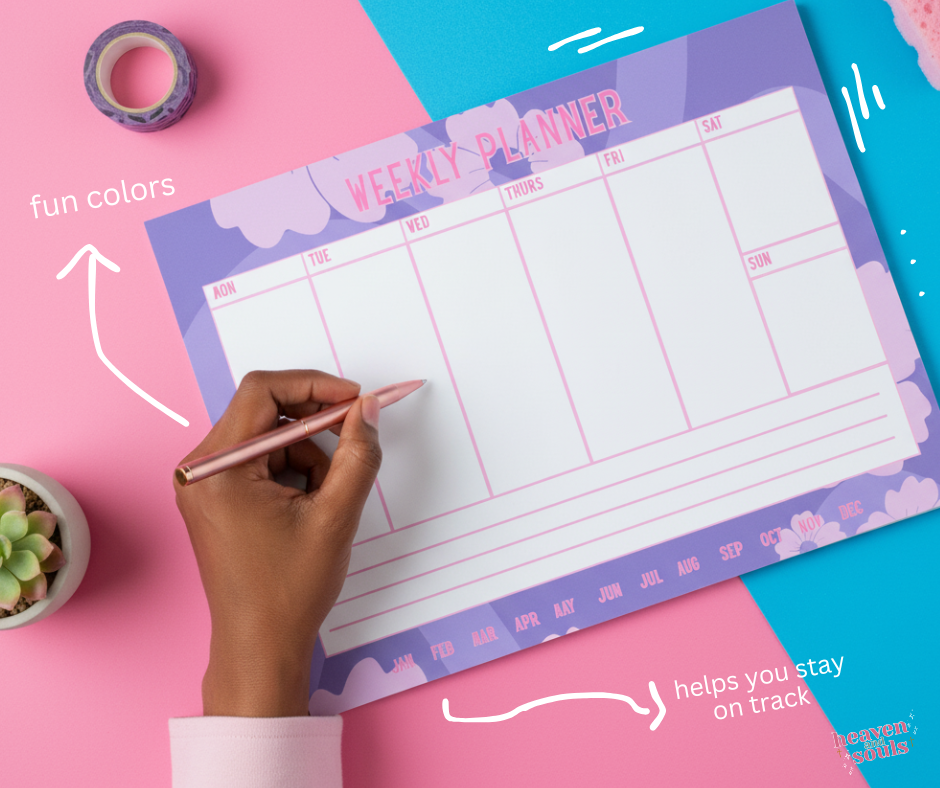 Weekly planner on a colorful background with a hand holding a pen.