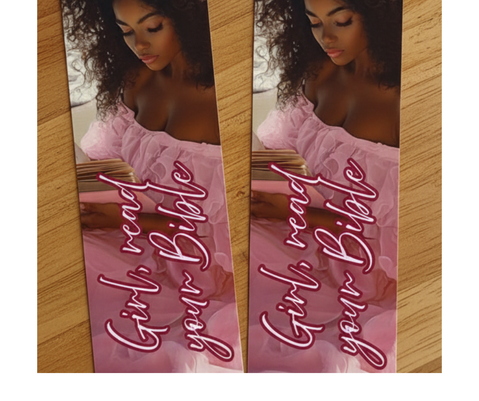 Two bookmarks with a woman in a pink dress and text 'Girls read your Bible' on a wooden background.