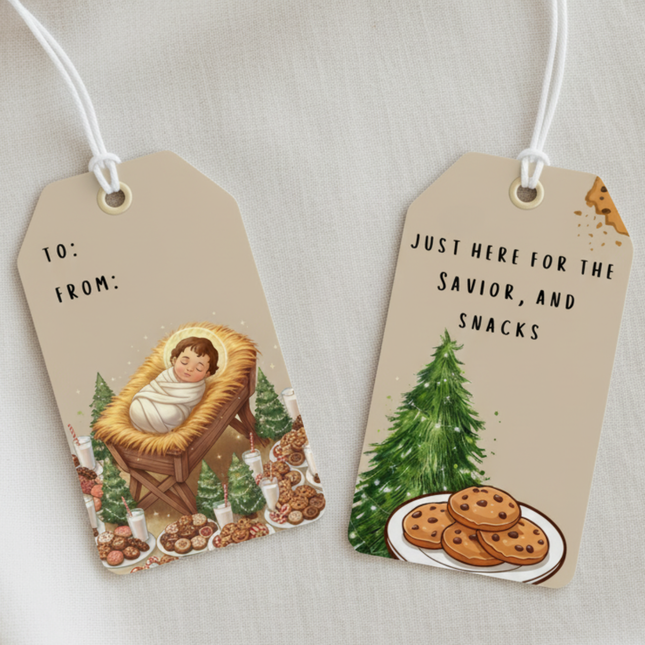 Two Christmas-themed gift tags on a white background