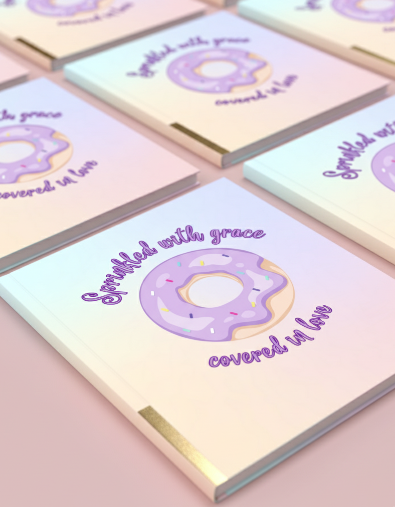 Greeting cards with donut design and text on a pink background