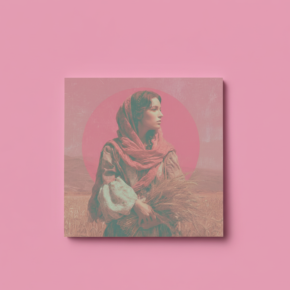 Artistic depiction of a woman with a red circle on a pink background