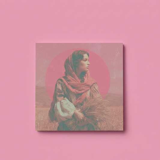 Artistic depiction of a woman with a red circle on a pink background