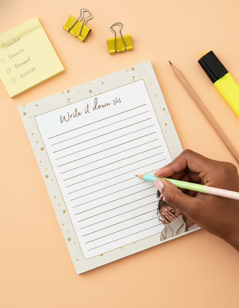 Notebook with 'Write it down sis' text, hand holding a pen, and stationery items on a peach background